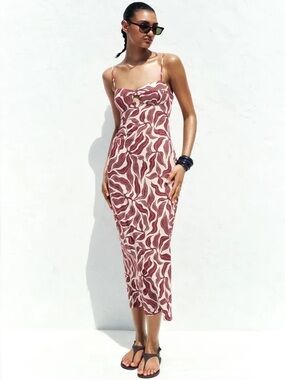 ZARA Rustic leaf printed linen blend midi dress. L NWT